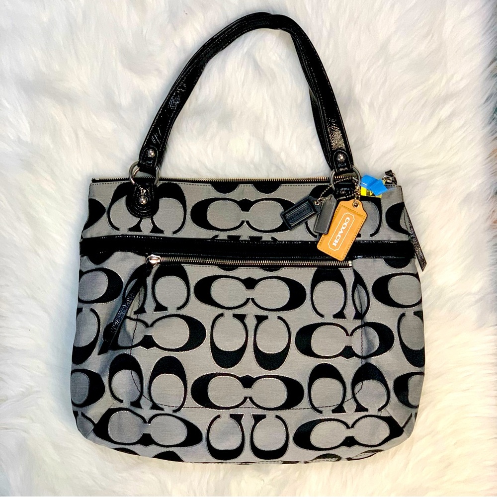Coach Poppy Black & Silver Canvas Shoulder Tote Bag